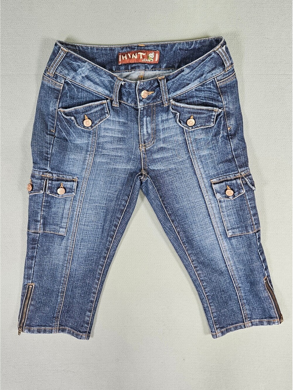 Hint Jeans Women Blue Stretch Denim Cargo Capri Jeans Size 3